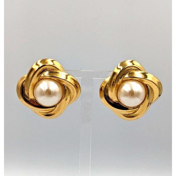Vintage Givenchy Gold Tone Faux Pearl Statement Clip On Earrings 80's Marked - Picture 2 of 15